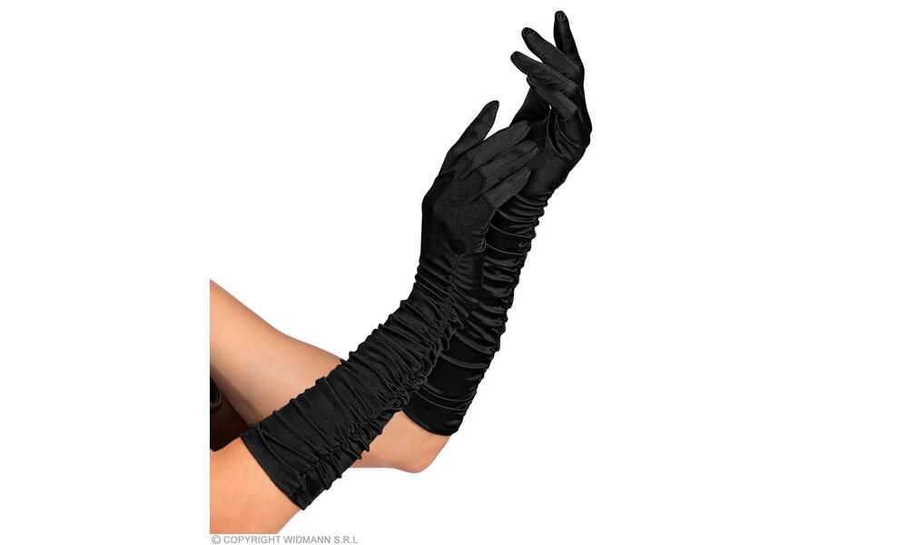 pair of BLACK PLISSE SATIN ELASTANE GLOVES 44 cm