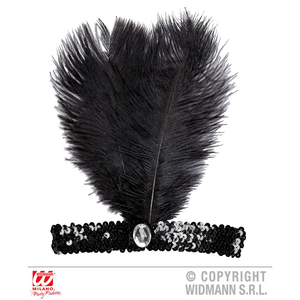 BLACK SEQUIN HEADBAND WITH 2 FEATHERS & GEM