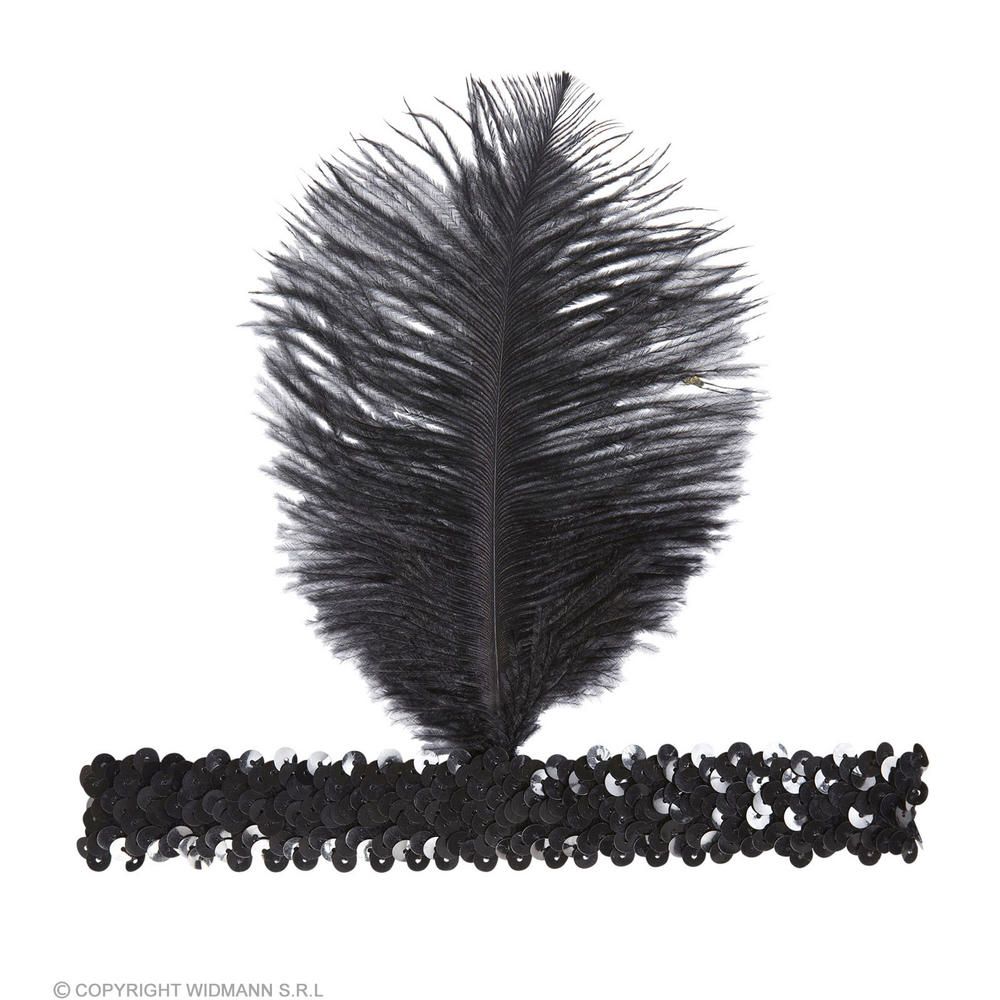 BLACK SEQUIN HEADBAND WITH BLACK FEATHER