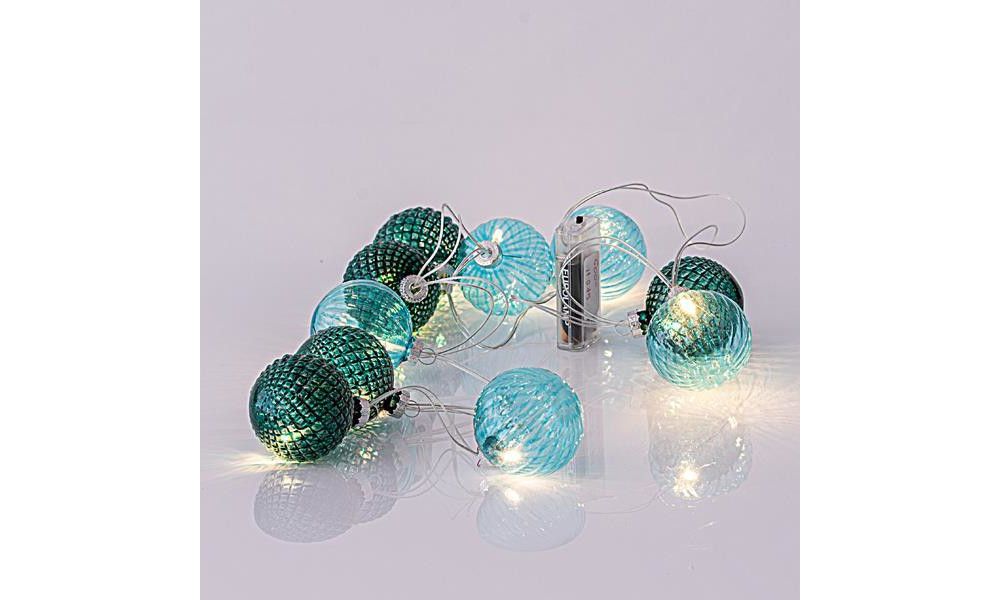 ΣΕΙΡΑ, 10 LED 5mm, ΜΕ ΠΡΑΣΙΝΕΣ ΓΥΑΛΙΝΕΣ ΜΠΑΛΕΣ 6cm, ΜΠΑΤΑΡΙΑΣ, ΔΙΑΦΑΝΟ ΚΑΛΩΔΙΟ, ΘΕΡΜΟ ΛΕΥΚΟ, ΑΝΑ 15cm, ΠΡΟΕΚΤΑΣΗ ΠΑΡΟΧΗΣ 50cm, IP20