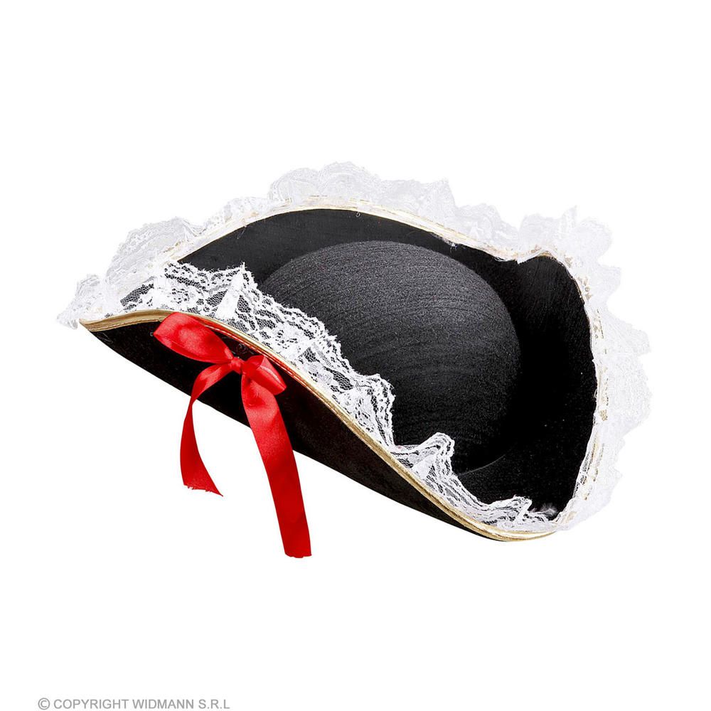 TRICORN WITH LACE TRIM AND RED BOW felt