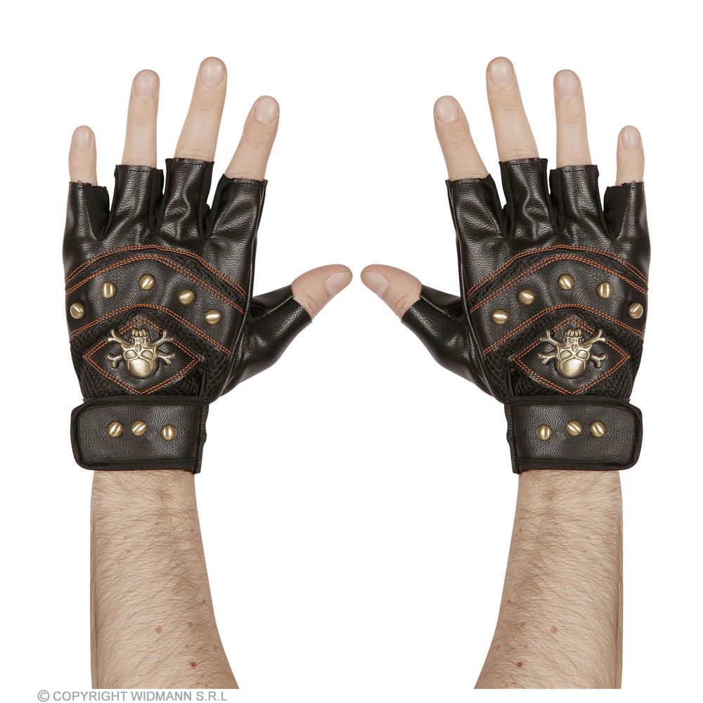 Pair of leather look STUDDED FINGERLESS SKULL & CROSS BONES GLOVES