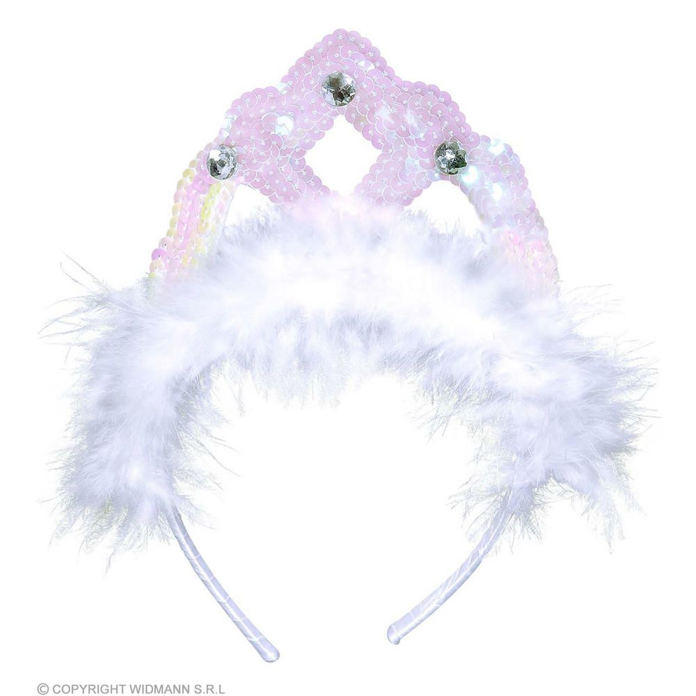 "WHITE SEQUINNED TIARA WITH MARABOU AND 3 GEMS"
