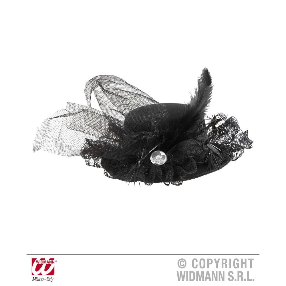 BLACK MINI TOP HATS WITH DIAMANTE, LACE, TULLE & FEATHERS