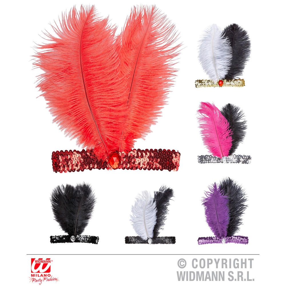 FASCIA CHARLESTON IN PAILLETTES CON GEMMA E 2 PIUME ass. in 6 colori