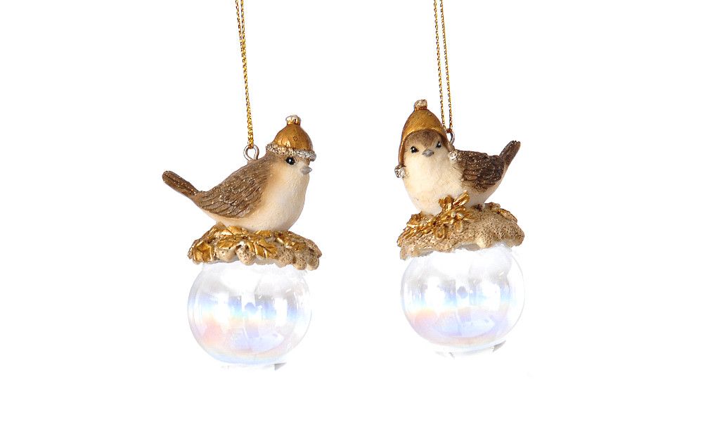 12/192-2Asst 8cm Polyresin brown w/gold details birds orn sitting on a glass ball