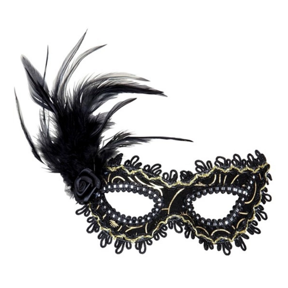 BLACK EYEMASKS WITH ROSE, FEATHERS & GOLD ACCENTS