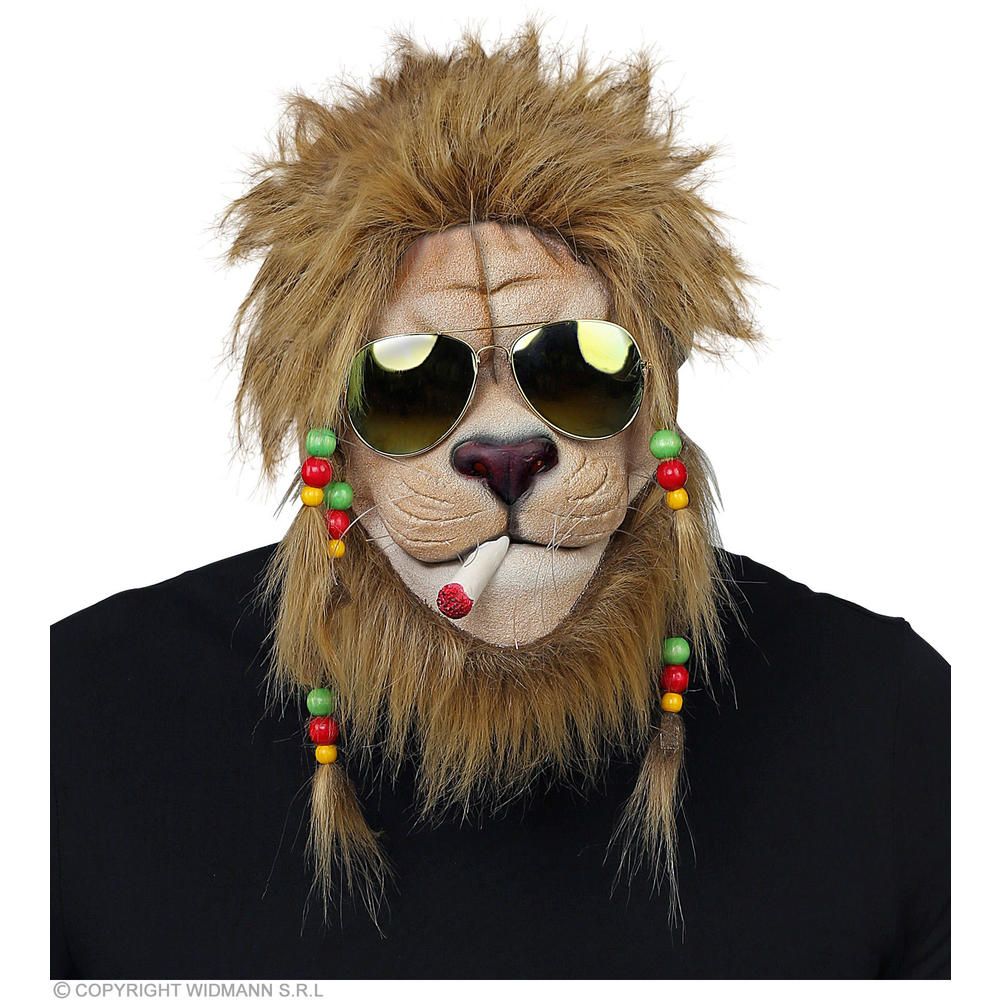 RASTA LION HALF-FACE MASK WITH PLUSH MANE, BEADED PLAITS & SUNGLASSES