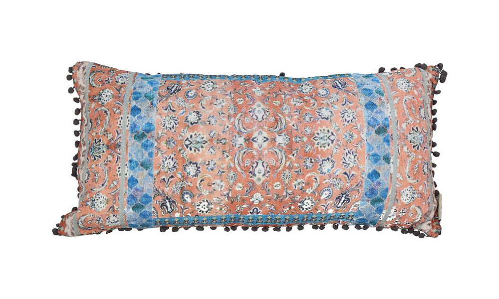 Μαξιλάρι vintage με pon pon κοραλί/μπλε,35x70cm