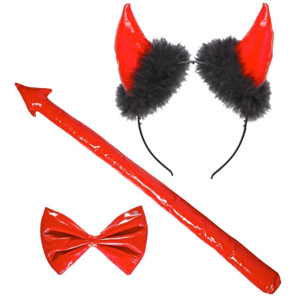 VINYL RED DEVIL dress-up set (horns, bow tie, tail)