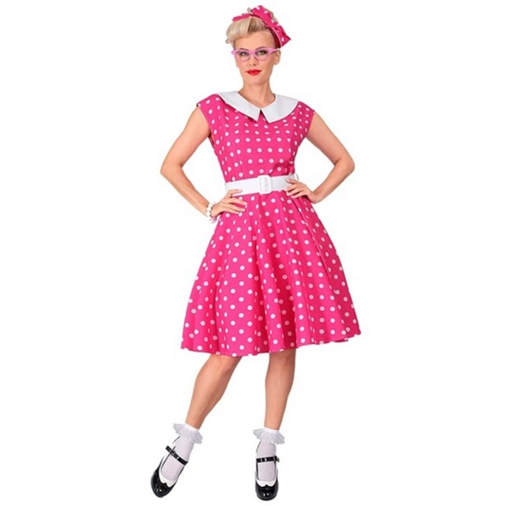 THE 50s ROCK'N'ROLL FASHION HOT PINK  (dress with petticoat, belt, he..