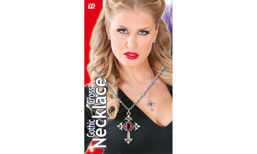 Pk 12 GOTHIC CROSS NECKLACE WITH RED GEM