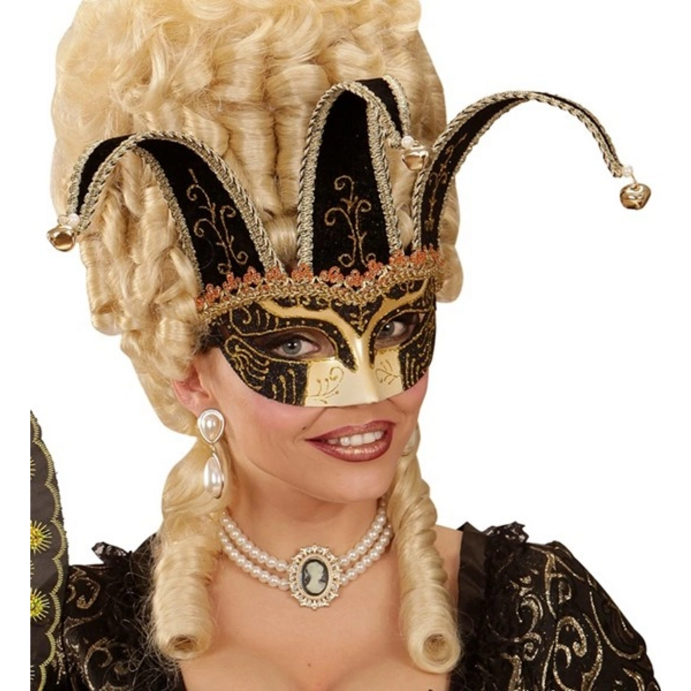 UNISEX BLACK JOLLY MASK DECORATEDWITH GOLD & BLACK  WITH JINGLE BELLS