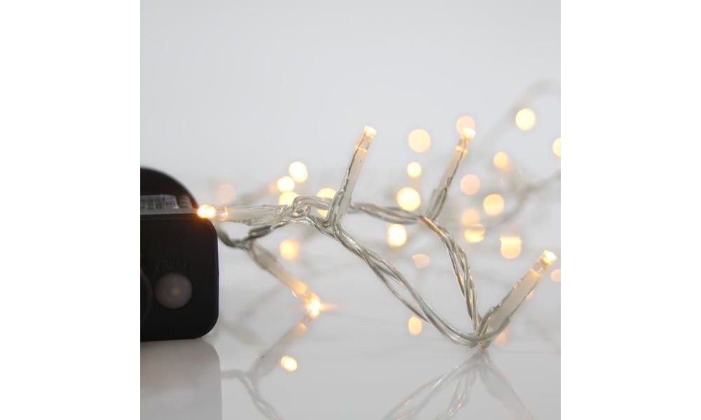 ΣΕΙΡΑ, 100 LED 3mm, 31V, 8 ΠΡΟΓΡΑΜΜΑΤΑ, ΔΙΑΦΑΝΟ ΚΑΛΩΔΙΟ, ΘΕΡΜΟ ΛΕΥΚΟ LED ΑΝΑ 5cm, ΙΡ44