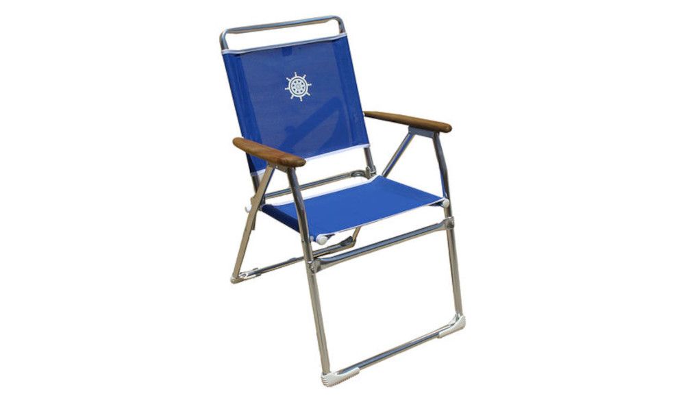 Folding Aluminum Beach Chair White OR Blue Textilene & Wooden Armrests 'Plaz'