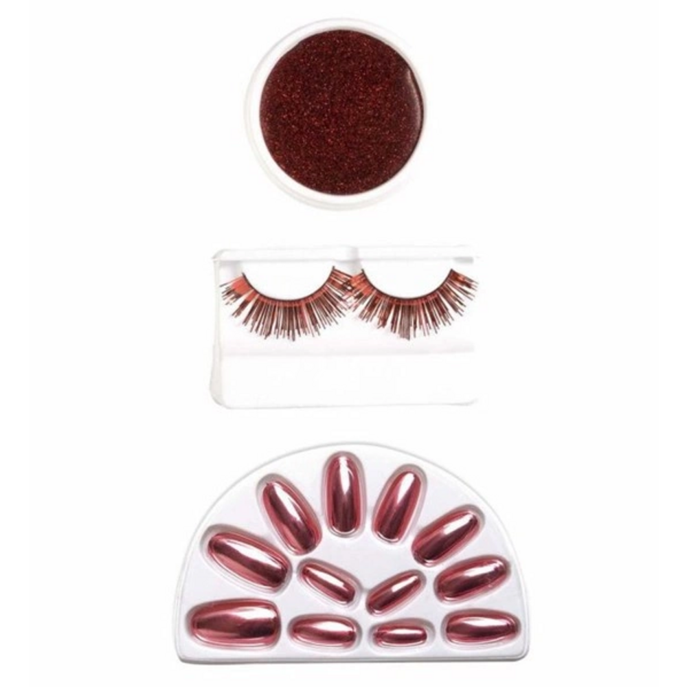 Pk 6 RED METALLIC NAILS + RED EYELASHES + RED GL