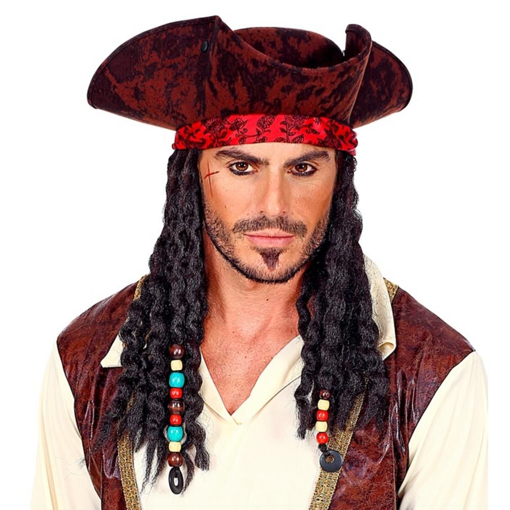distressed leather look PIRATE TRICORN WITH BANDANA & DREADLOCKS