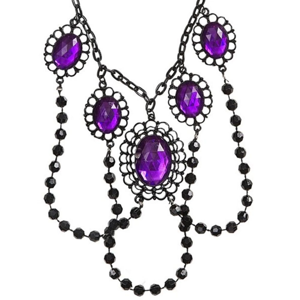 Pk 6 BLACK BEADED CHOKER WITH 5 PURPLE GEMS